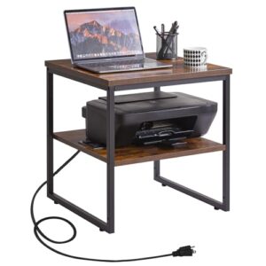 Aibiju Suporte de mesa pequeno com estação de carregamento e portas USB, lateral multifuncional de 50 cm e mesa de destaque para impressora com prateleira de armazenamento, marrom rústico YD-TM153HD