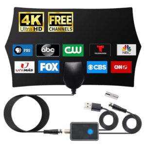 Antena de TV atualizada 2025 para Smart TV interna 1080 km de longo alcance com amplificador de sinal, antena de TV HD digital, suporta todas as TVs 8K 4K 1080P, recepção 360 portátil