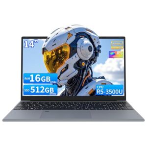 AocBook Laptop de 14 polegadas, processador quad-core Ryzen 5 3500U (até 3,7 GHz), RAM DDR4 de 16 GB, SSD NVMe, notebook portátil com touchpad ajustável, interruptor de webcam de privacidade - cinza