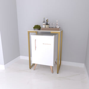 Aparador Pés De Ferro Pequeno Com Tampo Madeira Frigobar aparador para cervejeira com pés de ferro e tampo de MDP