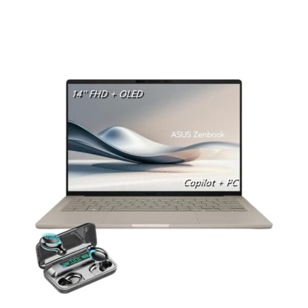 ASUS Notebook Zenbook A14 ultrafino, tela FHD de 14 polegadas + OLED (1920 x 1200), Copilot + PC, Snapdragon X Plus, 8 núcleos, RAM DDR5 de 16 GB, SSD de 512 GB, Zabriskie Beige, TWE fones de ouvido