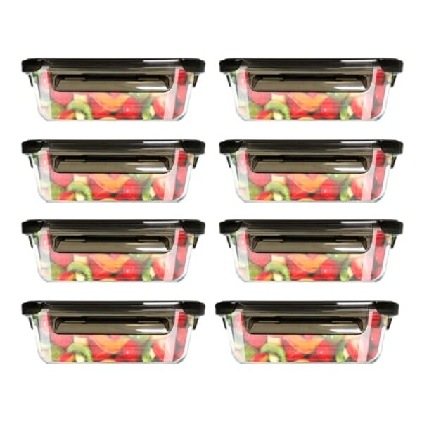 AUXOM Conjunto 8 Potes 680ML Vidro Hermético 4 Travas Pode Ser Usado No Microondas E No Forno