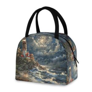 Blueangle Lancheira isolada à prova de vazamento - Bolsa de almoço reutilizável com design de pintura a óleo de farol, recipiente de alimentos compacto para escritório, viagens e atividades ao ar