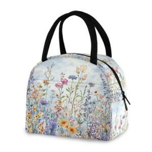 Blueangle Lancheira isolada à prova de vazamento - Bolsa de almoço reutilizável com design retrô de flores silvestres, recipiente compacto para alimentos para escritório, viagens e atividades ao ar