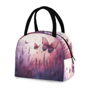 Blueangle Lancheira isolada à prova de vazamento – Bolsa de almoço reutilizável com design de campo de lavanda com borboletas, recipiente compacto para alimentos para escritório, viagens e atividades