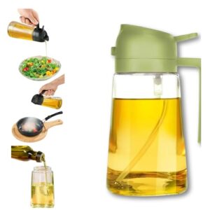 Borrifador e Dosador 2 em 1 para Azeite e Óleo 470 ml Galheteiro de Vidro Premium com Controle de Dose e Spray para Cozinha, Airfryer, Saladas e Churrasco Prático, Econômico e Sem Resíduos (Verde)