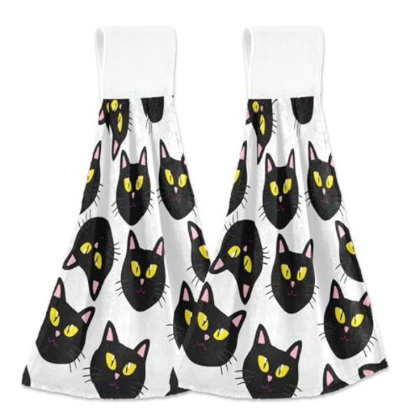 Burbuja Conjunto de 2 toalhas de cozinha com cara de gato preto grande, toalhas de mão absorventes macias com laço, toalha de gravata de microfibra para decoração de banheiro e cozinha