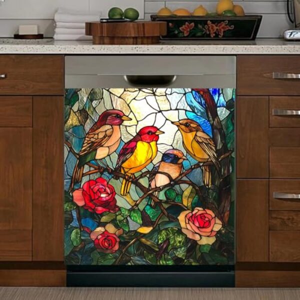 Capa magnética para lava-louças de pássaros de vidro manchado, capa magnética country rosa, adesivo de ímãs de geladeira florais de jardim para decalque de decoração de cozinha, 58 cm L x 66 cm A