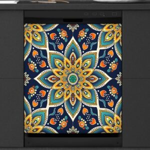 Capa magnética para lava-louças, mandala étnica elegante capa magnética para decoração de lava-louças, capa magnética para porta de lava-louças, decalque para cozinha, eletrodomésticos, 58 x 66 cm