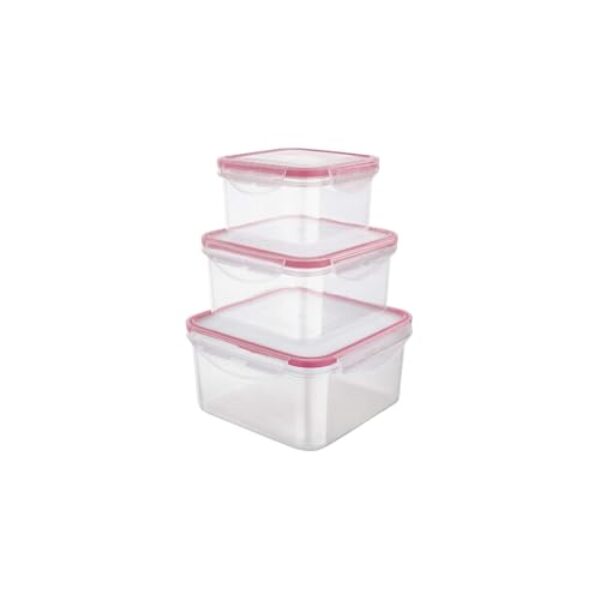 Conjunto 3 Potes Herméticos Quadrados, Plástico Transparente com Branco, 60ml/160ml/380ml, com Tampa e Trava de Segurança