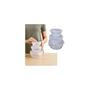 Conjunto 3 Potes Herméticos Redondos Multiuso com Tampa, Plástico, Transparente com Detalhe Rosa, 320ml/580ml/1000ml, Livre de BPA, Empilháveis