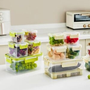 Conjunto 5 Potes de Plástico com Tampa e Cesto, Transparente com Cesto Bege e Verde, Vedação Eficiente, Empilháveis, Livre de BPA, para Organização de Cozinha