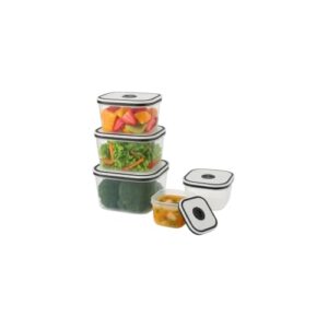 Conjunto 5 Potes Herméticos com Tampa e Cesto, Plástico, Transparente com Bege e Verde, Empilháveis, para Organização de Cozinha