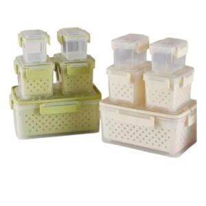 Conjunto 5 Potes Herméticos com Tampa e Cesto, Plástico, Transparente com Bege e Verde, Empilháveis, para Organização de Cozinha