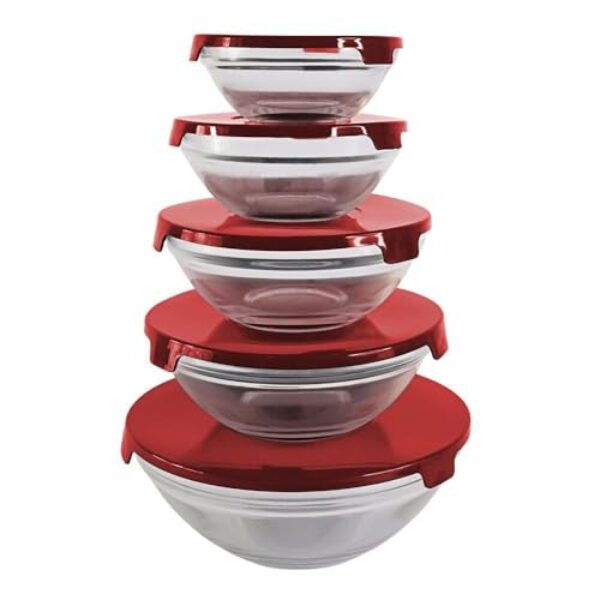 Conjunto de 5 Potes de Vidro Herméticos com Tampa Vermelha, Recipientes de Armazenamento em Vidro com Tampas Plásticas