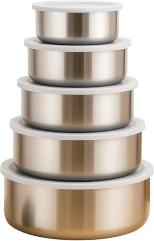 Conjunto de 5 Tigelas/Potes de Inox com Tampa Hermética – Aço Inox Premium, Vedação Forte, Multiuso para Cozinha, Marmita e Armazenamento