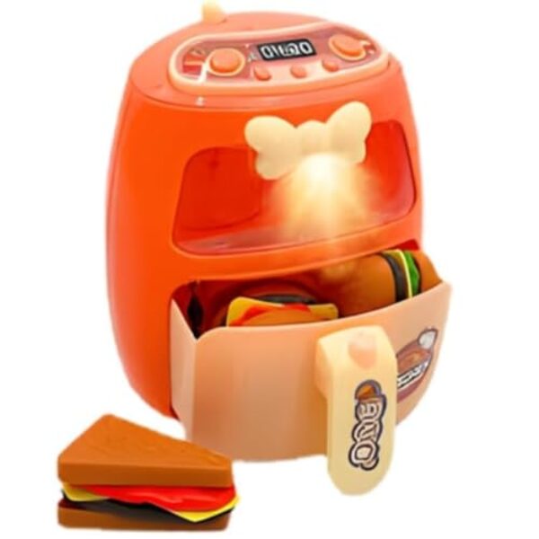 Conjunto de Brinquedo Air Fryer Infantil com Luzes, Laranja, Plástico, Inclui Acessórios e Alimentos Miniatura, 3+ Anos