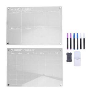 Conjunto de placa de planejamento semanal mensal, acrílico transparente, apagador a seco, planejador de calendário com 6 canetas coloridas para organização de geladeira, 15,7 x