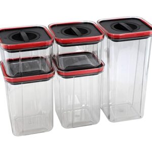Conjunto de Potes Herméticos com Sistema Air Lock, Livre de BPA, Empilháveis, Transparente com Tampa Preta e Vermelha, 5 Peças