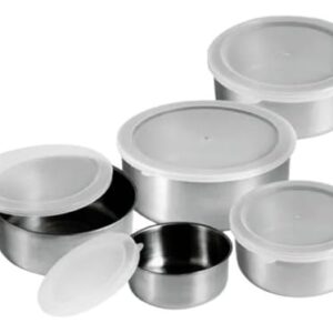 Conjunto de Tigelas de Aço Inox com Tampa, 5 Peças, 250ml/400ml/660ml/960ml/1250ml, Resistente, Prata