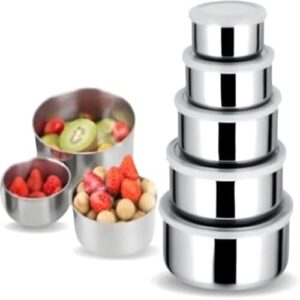Conjunto de tigelas para alimentos, preparo, mistura, inox, tampa, cozinha, utensilios, versatil