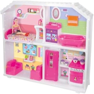 Cozinha de brinquedo infantil com pia, fogao e utensilios, colorida, rosa.