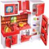 Cozinha infantil com armarios, fogao e coifa, vermelha e completa