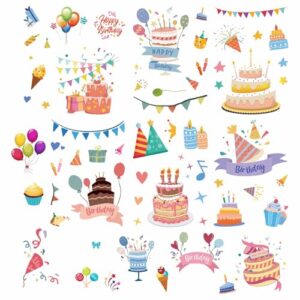 CRASPIRE Adesivos de parede de aniversário de 8 folhas, decalques de janela, faixa de balão de bolo de feliz aniversário, vinil à prova d'água, vinil autoadesivo, adesivos de translúcido, descasque e