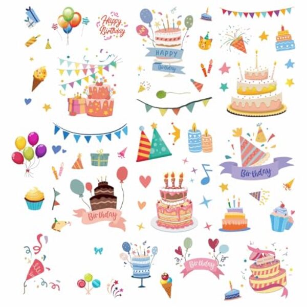 CRASPIRE Adesivos de parede de aniversário de 8 folhas, decalques de janela, faixa de balão de bolo de feliz aniversário, vinil à prova d'água, vinil autoadesivo, adesivos de translúcido, descasque e