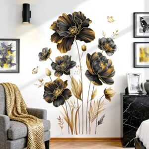 decalmile Adesivos de parede com flores douradas pretas grandes, folhas douradas, plantas, borboletas, decalques de parede, quarto, sala de estar, sofá, fundo de TV, decoração de casa