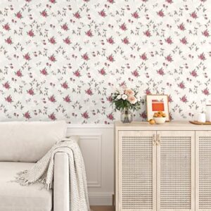 EPPKILY Papel de parede floral rosa vermelho descasque e cole papel de parede floral vintage para paredes de quarto de berçário 44,5 x 259,1 cm Papel de contato floral autoadesivo à prova d'água para