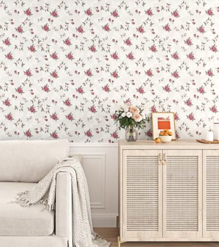 EPPKILY Papel de parede floral rosa vermelho descasque e cole papel de parede floral vintage para paredes de quarto de berçário 44,5 x 259,1 cm Papel de contato floral autoadesivo à prova d'água para