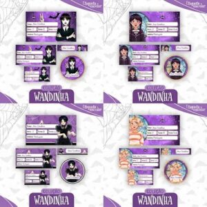 Etiquetas Escolares Wandinha, Vinil à Prova d'água, 154 Unidades, Personalizáveis com Nome, Tema Wandinha, para Material Escolar