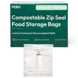 FEBU Sacos de armazenamento de alimentos compostáveis para sanduíche | Compostável e biodegradável para casa certificada | Sem PFAS e BPA, sacos com zíper não plásticos | À prova de vazamento e