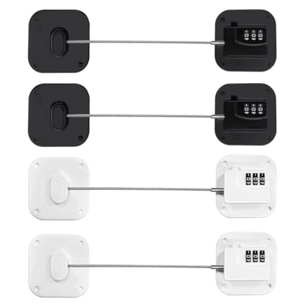Fechadura de geladeira com combinação de 4 peças - trava quadrada sem perfuração para segurança doméstica, universal para porta/freezer/janela/gaveta/vaso sanitário, ferragens domésticas (preto