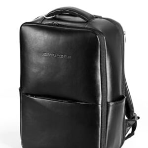 FILIPPO LORETI Mochila de viagem de couro com compartimento para laptop de 40,6 cm, bolsa de mão de designer de moda antifurto, funcional, durável com vários bolsos organizacionais, ecológica, preta