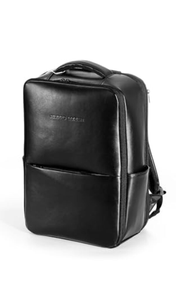 FILIPPO LORETI Mochila de viagem de couro com compartimento para laptop de 40,6 cm, bolsa de mão de designer de moda antifurto, funcional, durável com vários bolsos organizacionais, ecológica, preta