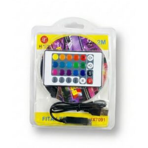 Fita LED RGB 2M com Controle Remoto, 16 Milhões de Cores, USB, IP65 à Prova d'Água, Cortável, Adesivo, para TV, Quarto, Gaming, Decoração