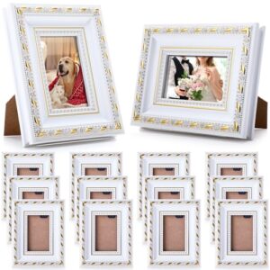 Fiwochic 12 porta-retratos brancos, pequenos, a granel, 5,8 x 7,6 cm, mini vintage, ornamentado, retrô, barroco, com tabela, para pendurar na parede, decoração de casa, casamento, Natal
