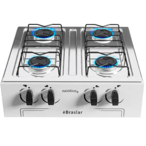 Fogão Cooktop De Mesa Braslar Branco 4 Bocas Inox Asiático Júnior Manual Portatil A Gás Bancada