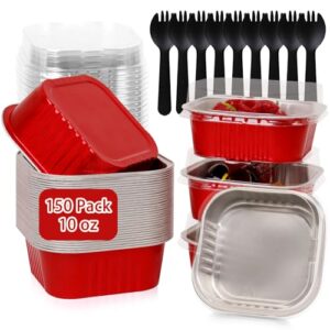 FORBFAN Mini formas de bolo descartáveis de 293 ml com tampas, pacote com 150 copos quadrados de folha de alumínio com colheres, latas de bolo descartáveis vermelhas