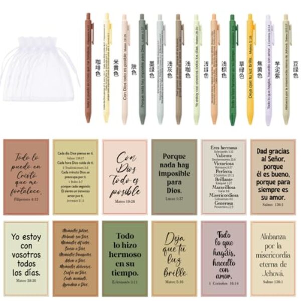 Fuyoooo 72 peças Regalos Cristianos en Español Regalos para presente espanhol para presente espanhol, cadernos religiosos e canetas, com bolsa, presente de Natal cristão para mulheres e homens, igreja