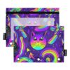 GAIGEO Bolsa de lápis com 3 argolas psicodélicos coloridos para gatos roxos com zíper estampa animal fichário escolar bolsos transparentes armazenamento 25 x 18 cm, 2 pacotes