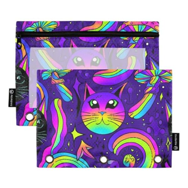 GAIGEO Bolsa de lápis com 3 argolas psicodélicos coloridos para gatos roxos com zíper estampa animal fichário escolar bolsos transparentes armazenamento 25 x 18 cm, 2 pacotes