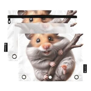 GAIGEO Bolsa de lápis para estudantes para fichário de 3 anéis, fichário com zíper, bolsas de tecido, fichários escolares, bolsos transparentes, hamster, animal fofo, 25 x 18 cm, 2 pacotes