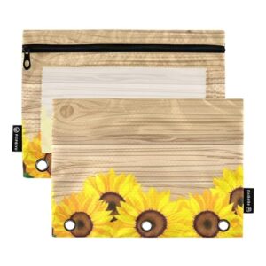 GAIGEO Bolsa de lápis rosa com 3 argolas de girassóis amarelos rústicos com zíper para fichário estojo de lápis de fichário transparente caneta escolar 25 cm x 18 cm, 2 pacotes