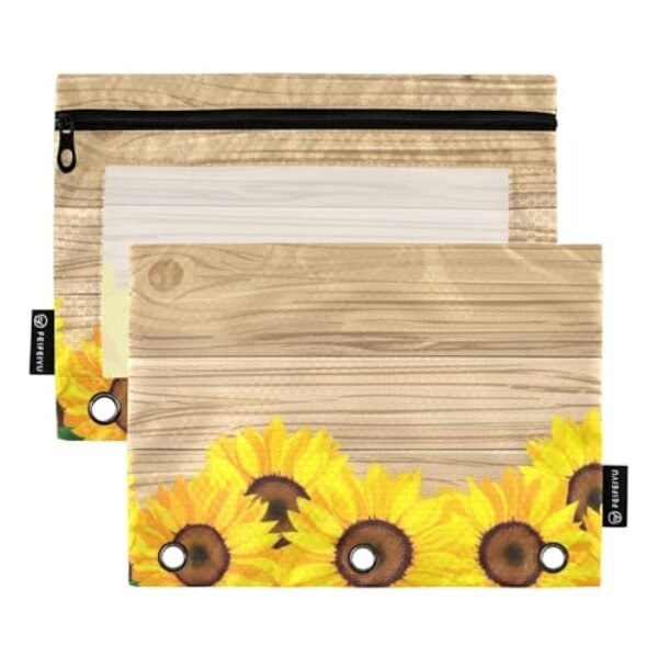 GAIGEO Bolsa de lápis rosa com 3 argolas de girassóis amarelos rústicos com zíper para fichário estojo de lápis de fichário transparente caneta escolar 25 cm x 18 cm, 2 pacotes