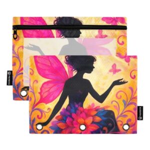 GAIGEO Fada rosa asas flor 3 anéis fichário bolsa lápis zíper fichário bolsas femininas escola transparente bolsos tecido 25 cm x 18 cm, 2 pacotes