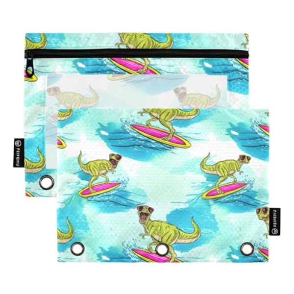GAIGEO Fichário legal Tyrannosaurus Rex Ocean Animal 3 anéis, estojo para lápis, fichário com zíper, fichário escolar com zíper, bolsos transparentes para meninos 25 x 18 cm, 2 pacotes