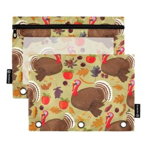 GAIGEO Pastas de Ação de Graças Perus com 3 Anéis, Bolsa de Lápis com Zíper, Pastas para Trabalho, Escola, Bolsos Transparentes, Caneta 25 x 18 cm, 2 Pacotes